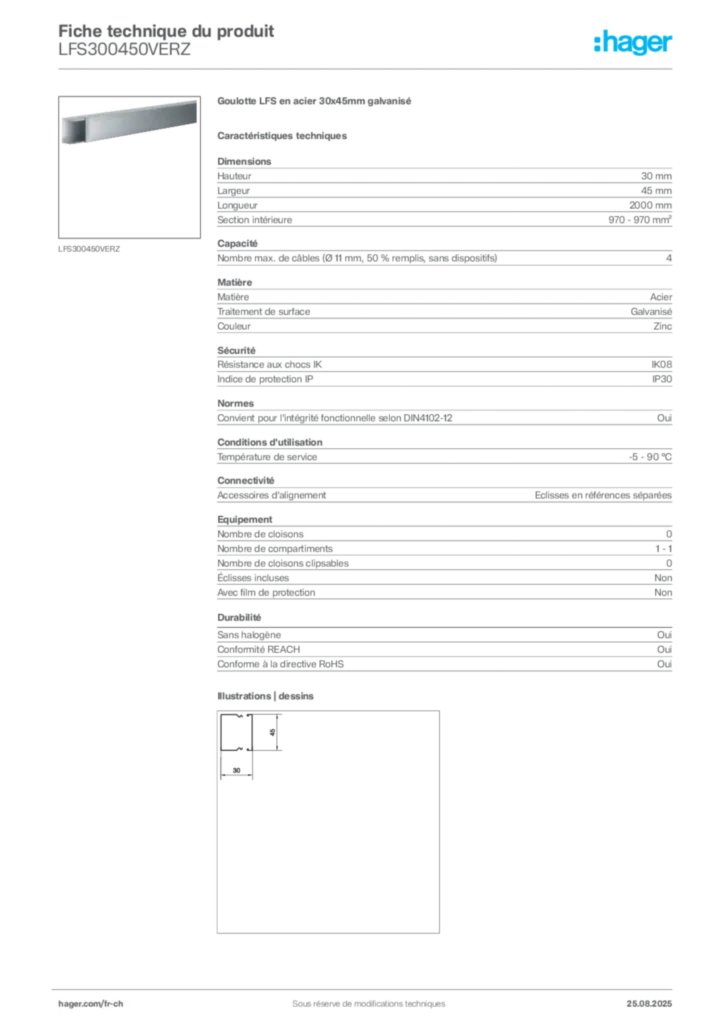 Image Hager Fiche technique du produit LFS300450VERZ | Hager Suisse