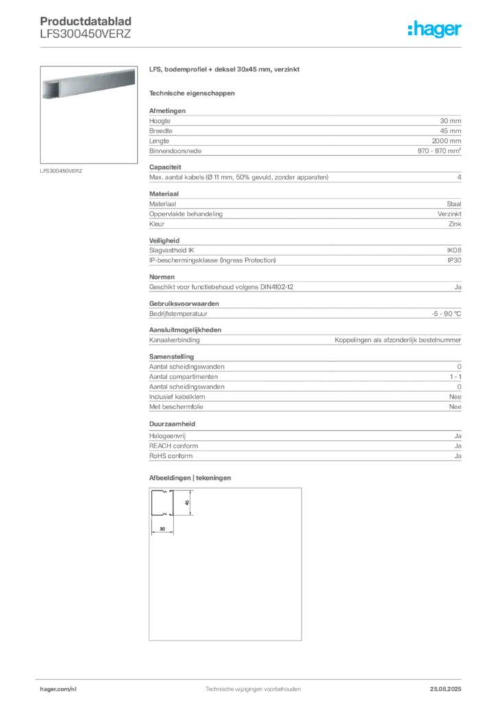 Afbeelding Hager Productdatablad LFS300450VERZ | Hager Nederland
