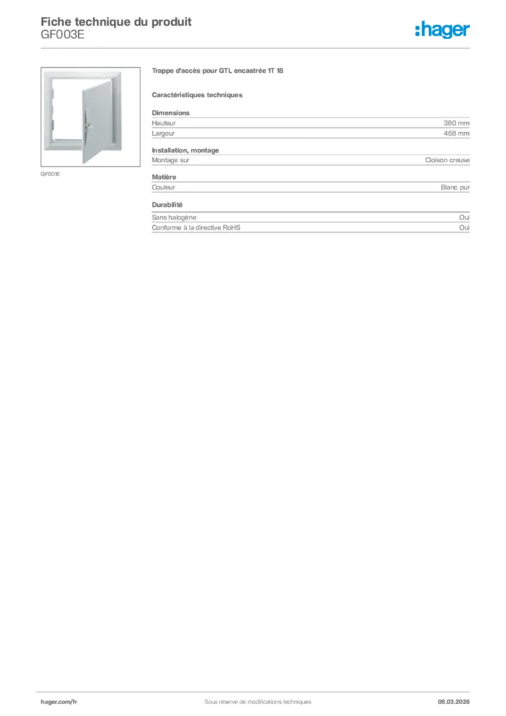 Image Hager Fiche technique du produit GF003E | Hager France