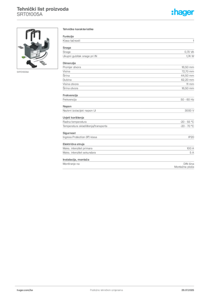 Slika Hager Product data sheet SRT01005A  | Hager