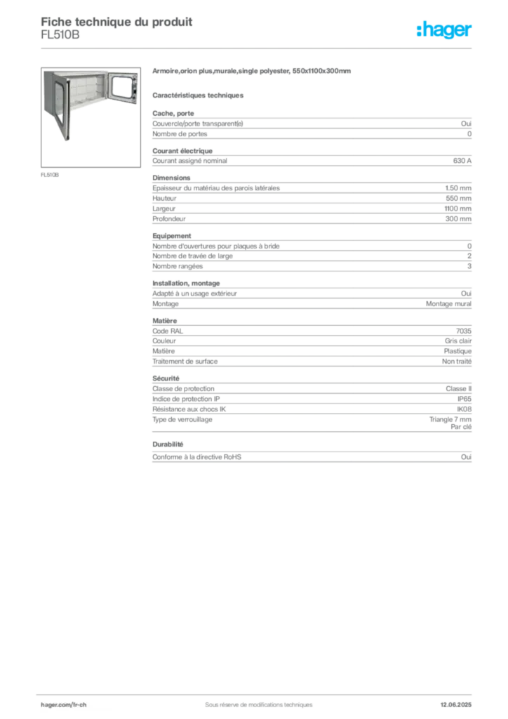 Image Hager Fiche technique du produit FL510B | Hager Suisse