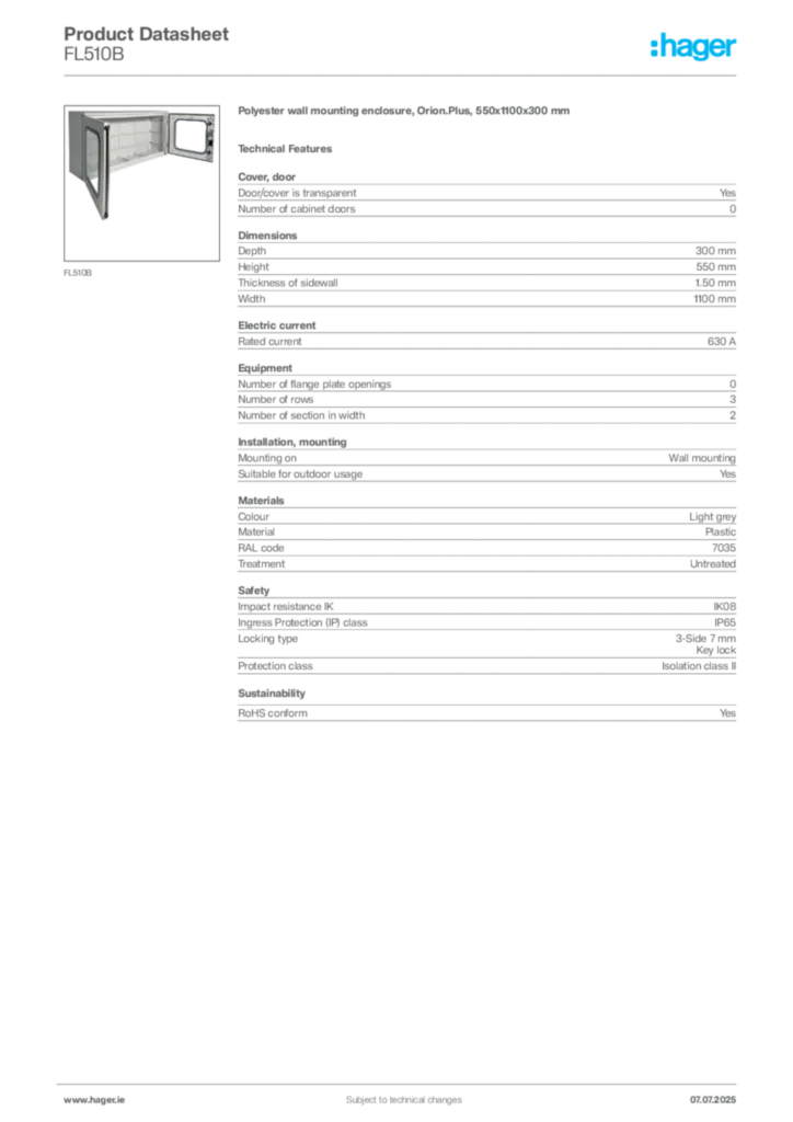 Image Hager Product data sheet FL510B  | Hager