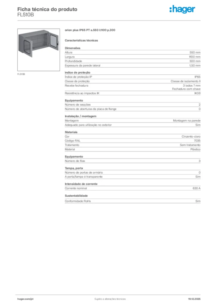 Imagem Hager Ficha técnica do produto FL510B | Hager Portugal