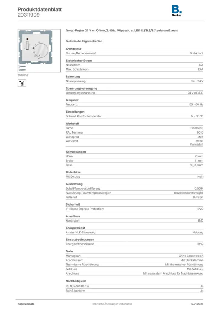 Bild Berker Produktdatenblatt 20311909 | Hager Deutschland
