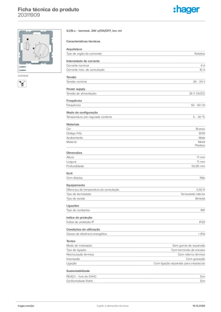 Imagem Hager Ficha técnica do produto 20311909 | Hager Portugal