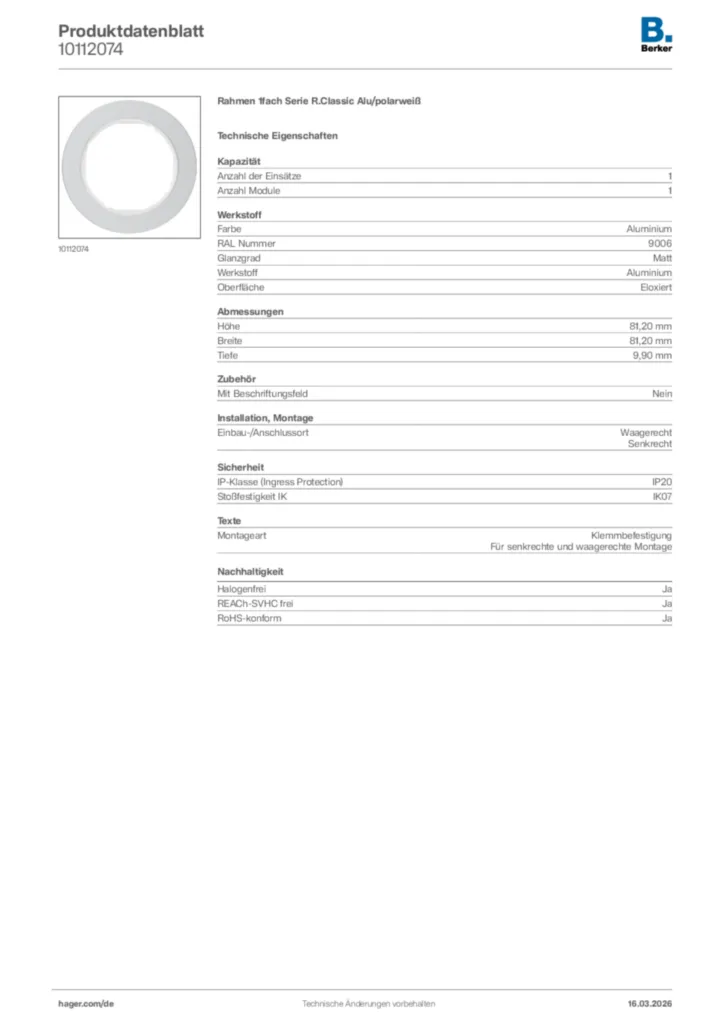 Bild Berker Produktdatenblatt 10112074 | Hager Deutschland