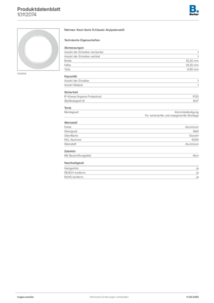 Bild Berker Produktdatenblatt 10112074 | Hager Deutschland