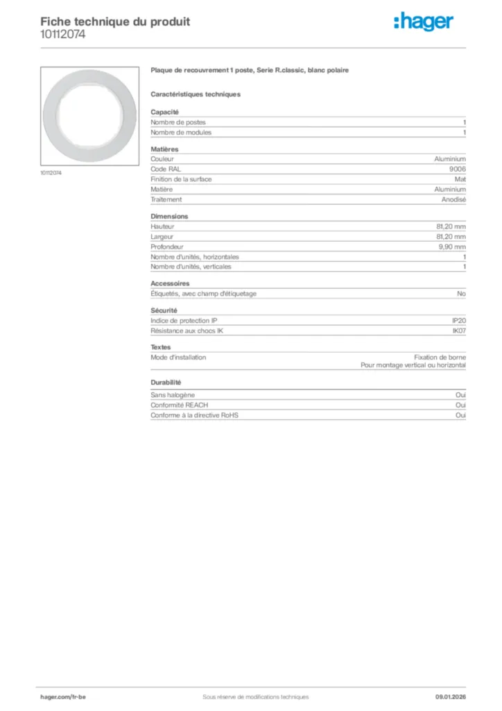 Image Hager Fiche technique du produit 10112074 | Hager Belgique