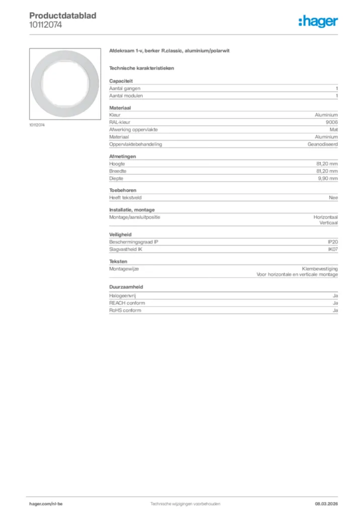 Afbeelding Hager Productdatablad 10112074 | Hager Belgium