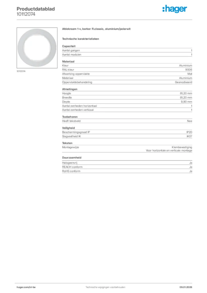 Afbeelding Hager Productdatablad 10112074 | Hager Belgium