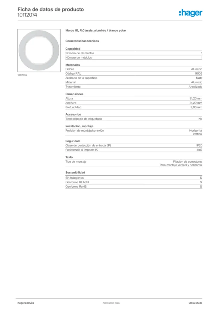 Imagen Hager Ficha de datos de producto 10112074 | Hager España