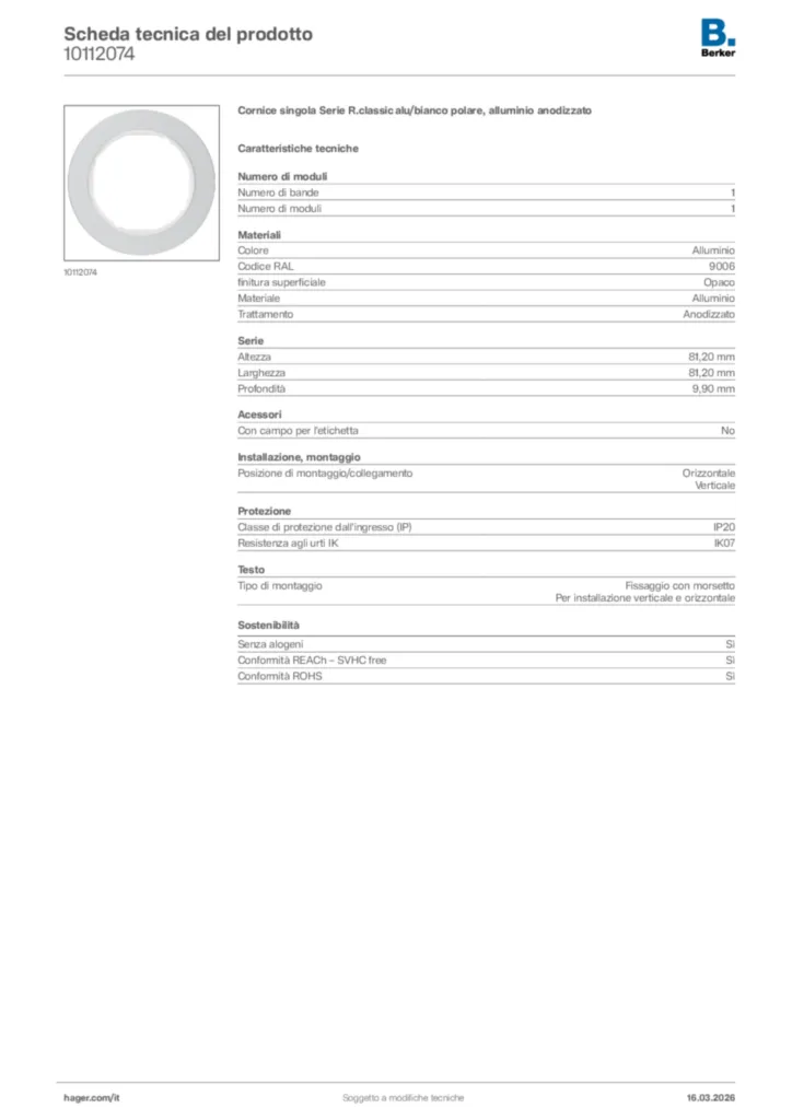 Immagine Berker Scheda tecnica del prodotto 10112074 | Hager Italia