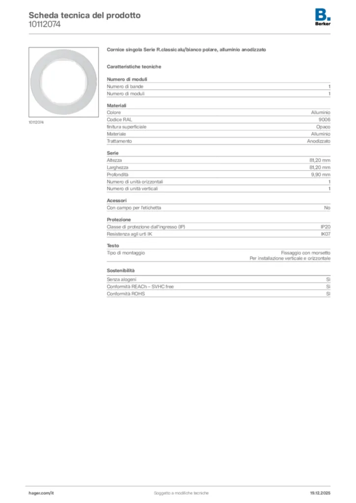 Immagine Berker Scheda tecnica del prodotto 10112074 | Hager Italia