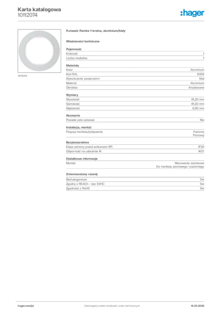 Zdjęcie Hager Karta katalogowa 10112074 | Hager Polska