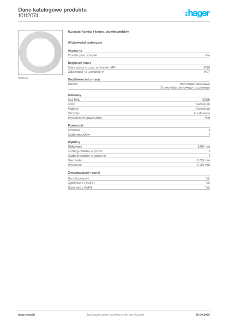 Zdjęcie Hager Karta katalogowa 10112074 | Hager Polska