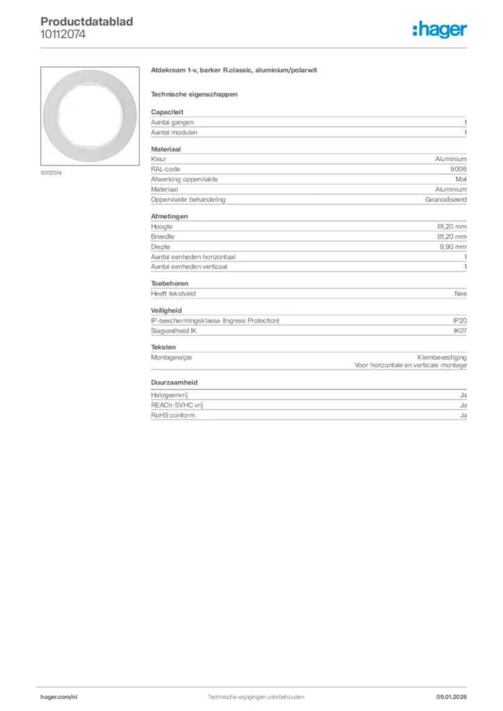 Afbeelding Hager Productdatablad 10112074 | Hager Nederland