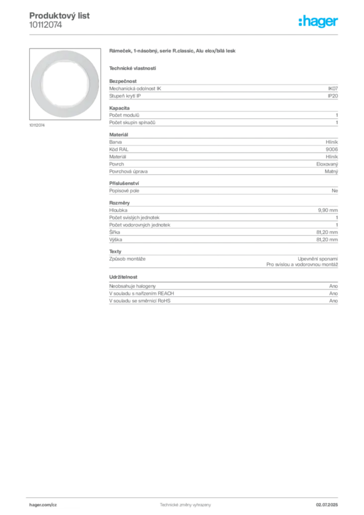Obrázek Hager Produktový list 10112074 | Hager
