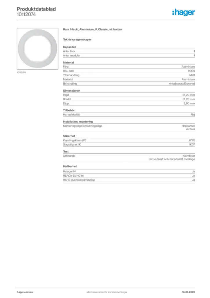 Bild Hager Produktdatablad 10112074 | Hager Sverige