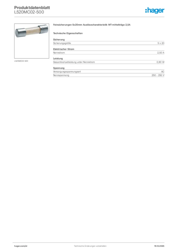 Bild Hager Produktdatenblatt L520MC02-500 | Hager Deutschland