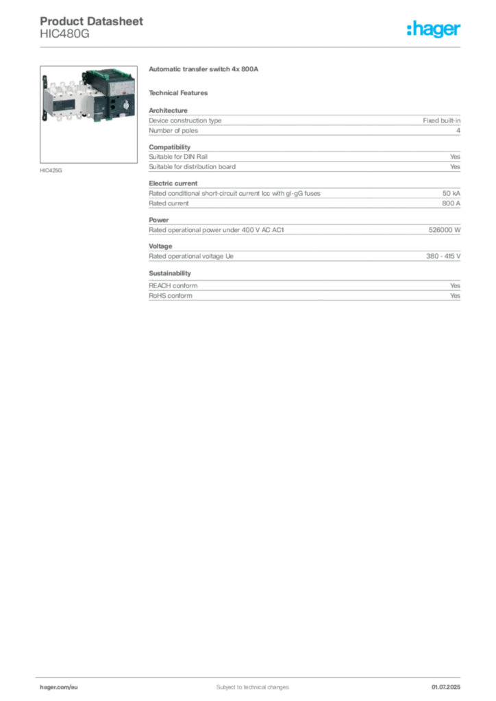 Image Hager Product data sheet HIC480G  | Hager Australia