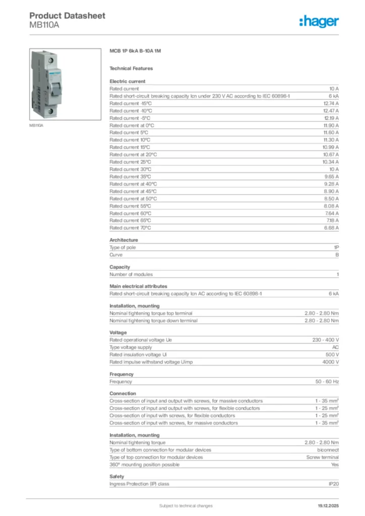 Image Hager Product data sheet MB110A  | Hager Africa