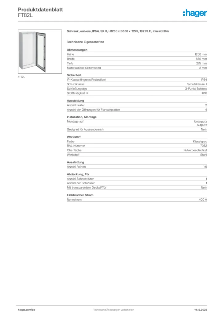 Bild Hager Produktdatenblatt FT82L | Hager Deutschland