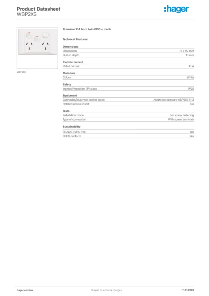 Image Hager Product data sheet WBP2XS  | Hager Australia