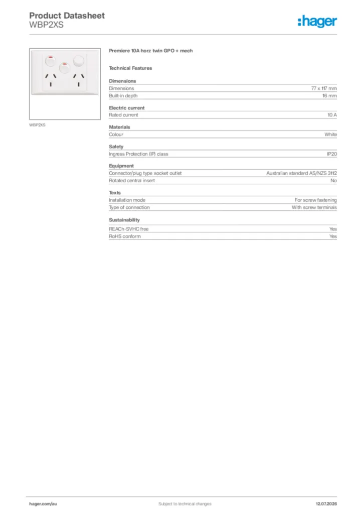 Image Hager Product data sheet WBP2XS  | Hager Australia