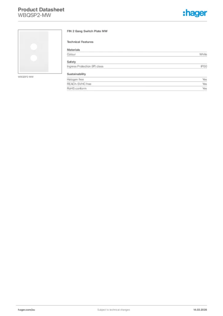 Image Hager Product data sheet WBQSP2-MW  | Hager Australia