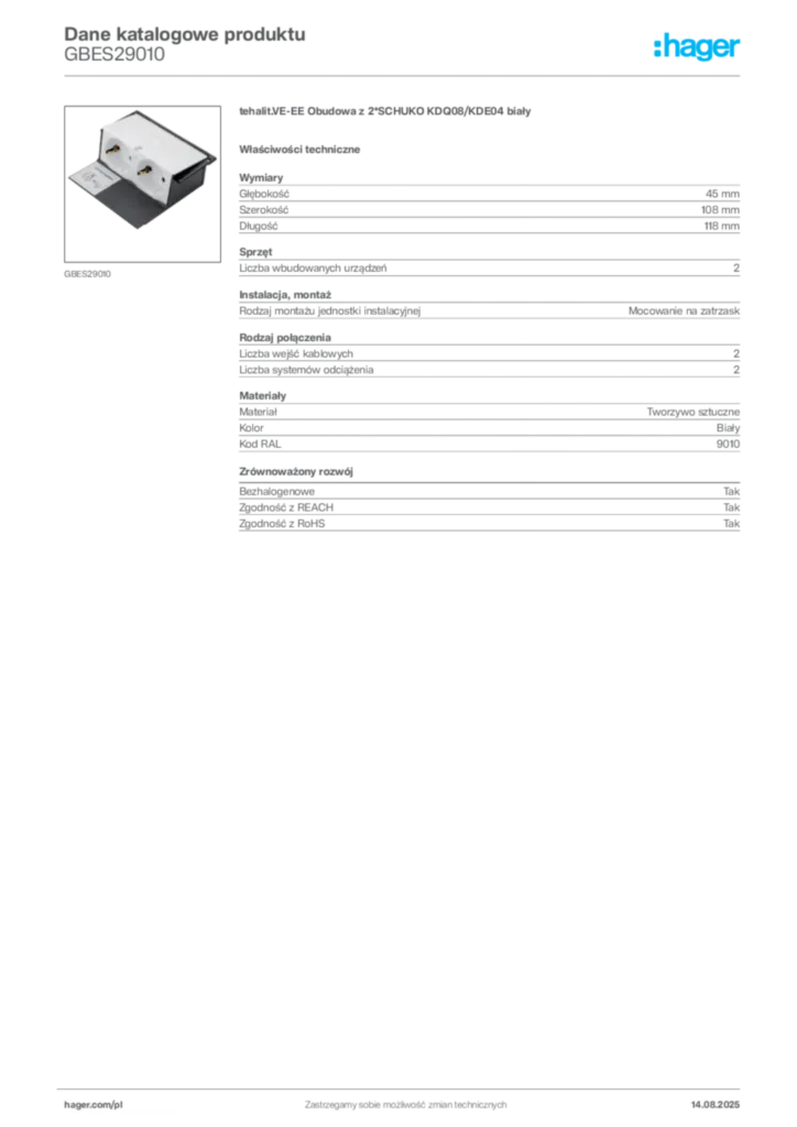 Zdjęcie Hager Karta katalogowa GBES29010 | Hager Polska