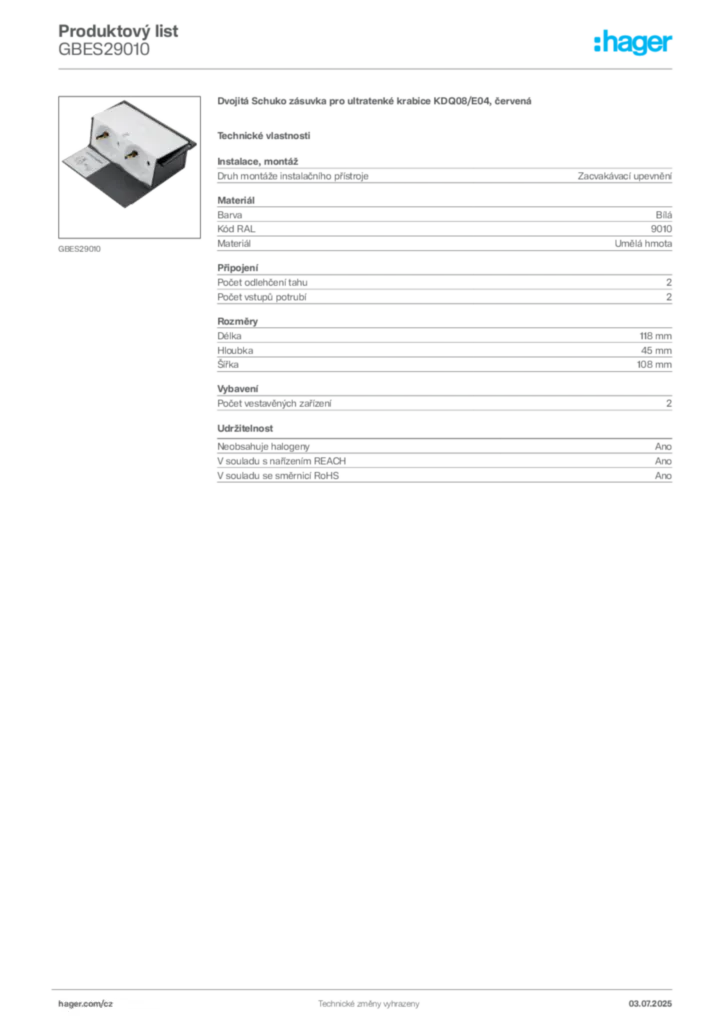 Obrázek Hager Produktový list GBES29010 | Hager