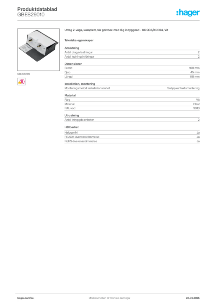 Bild Hager Produktdatablad GBES29010 | Hager Sverige