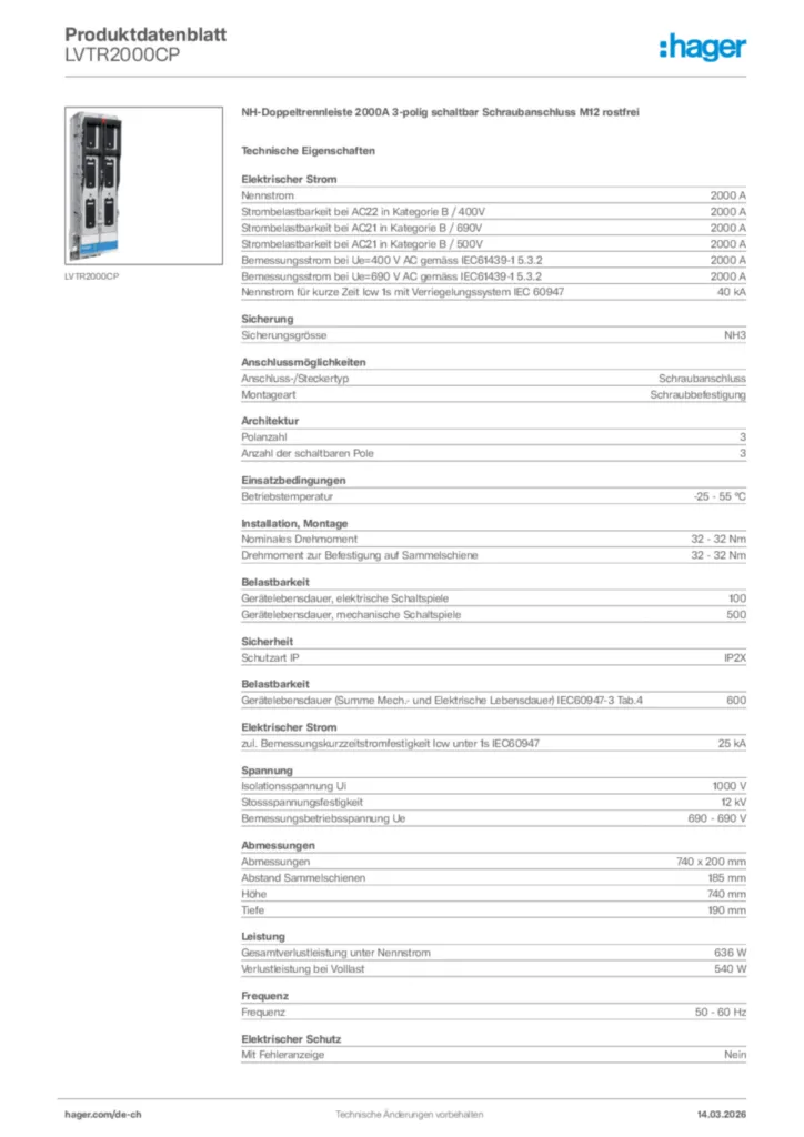 Bild Hager Produktdatenblatt LVTR2000CP | Hager Schweiz