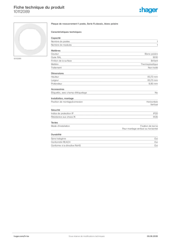 Image Hager Fiche technique du produit 10112089 | Hager Belgique