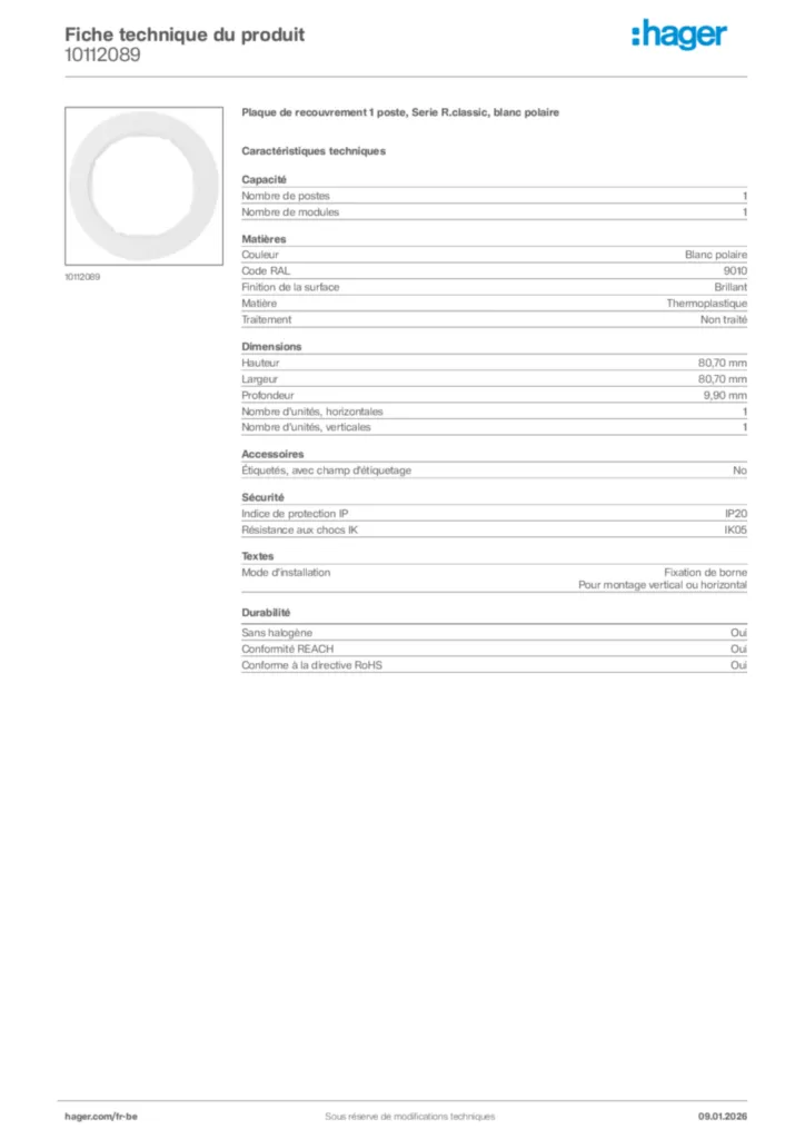 Image Hager Fiche technique du produit 10112089 | Hager Belgique