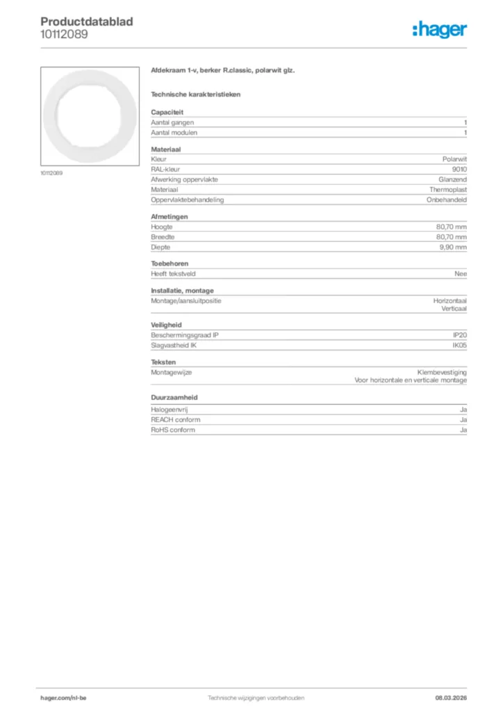 Afbeelding Hager Productdatablad 10112089 | Hager Belgium