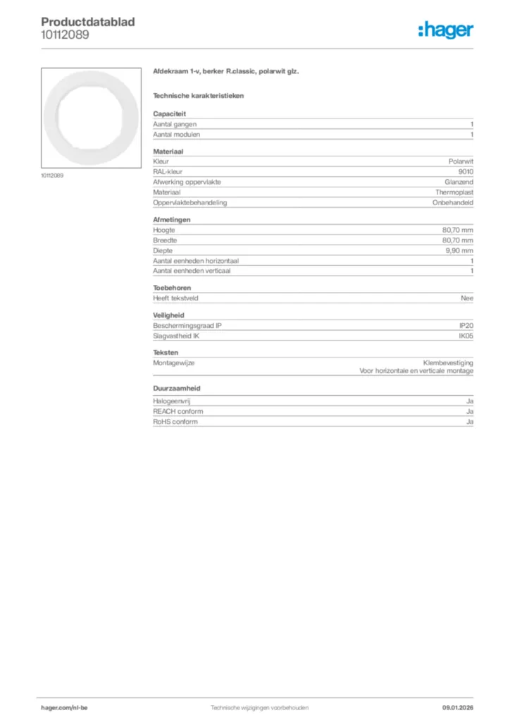 Afbeelding Hager Productdatablad 10112089 | Hager Belgium