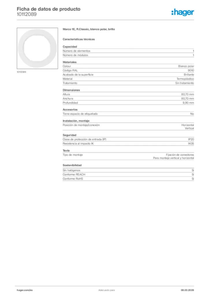 Imagen Hager Ficha de datos de producto 10112089 | Hager España