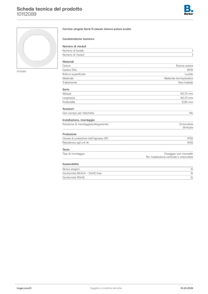 Immagine Berker Scheda tecnica del prodotto 10112089 | Hager Italia