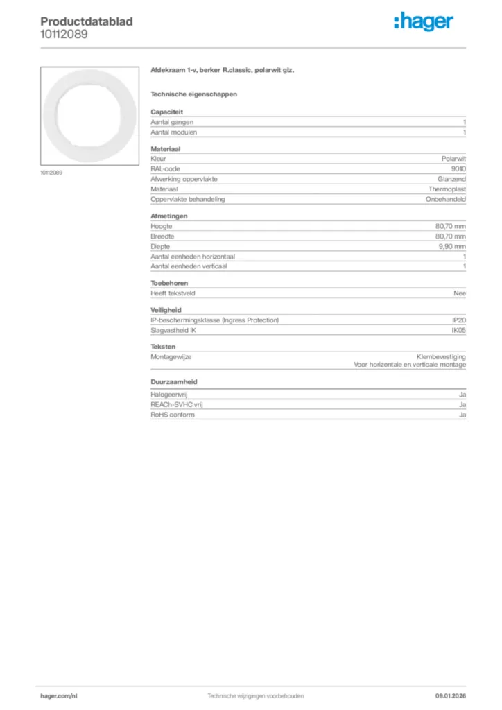 Afbeelding Hager Productdatablad 10112089 | Hager Nederland