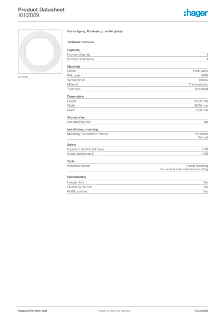 Image Hager Product data sheet 10112089  | Hager