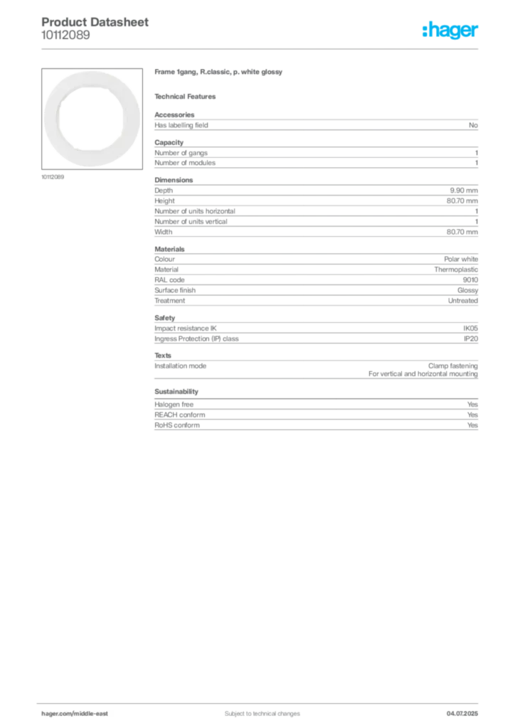 Image Hager Product data sheet 10112089  | Hager