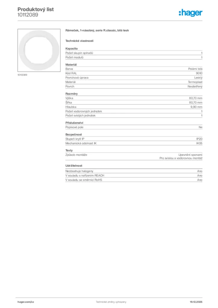 Obrázek Hager Produktový list 10112089 | Hager