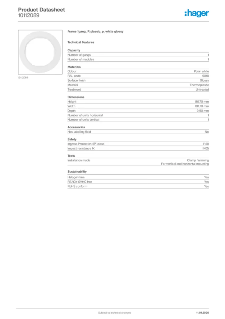 Image Hager Product data sheet 10112089  | Hager