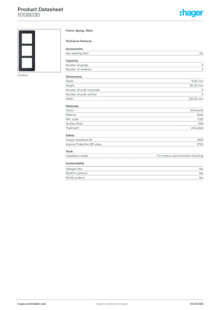Image Hager Product data sheet 10136030  | Hager