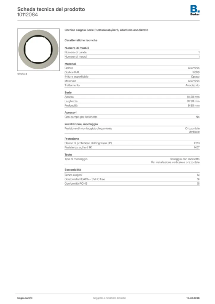 Immagine Berker Scheda tecnica del prodotto 10112084 | Hager Italia