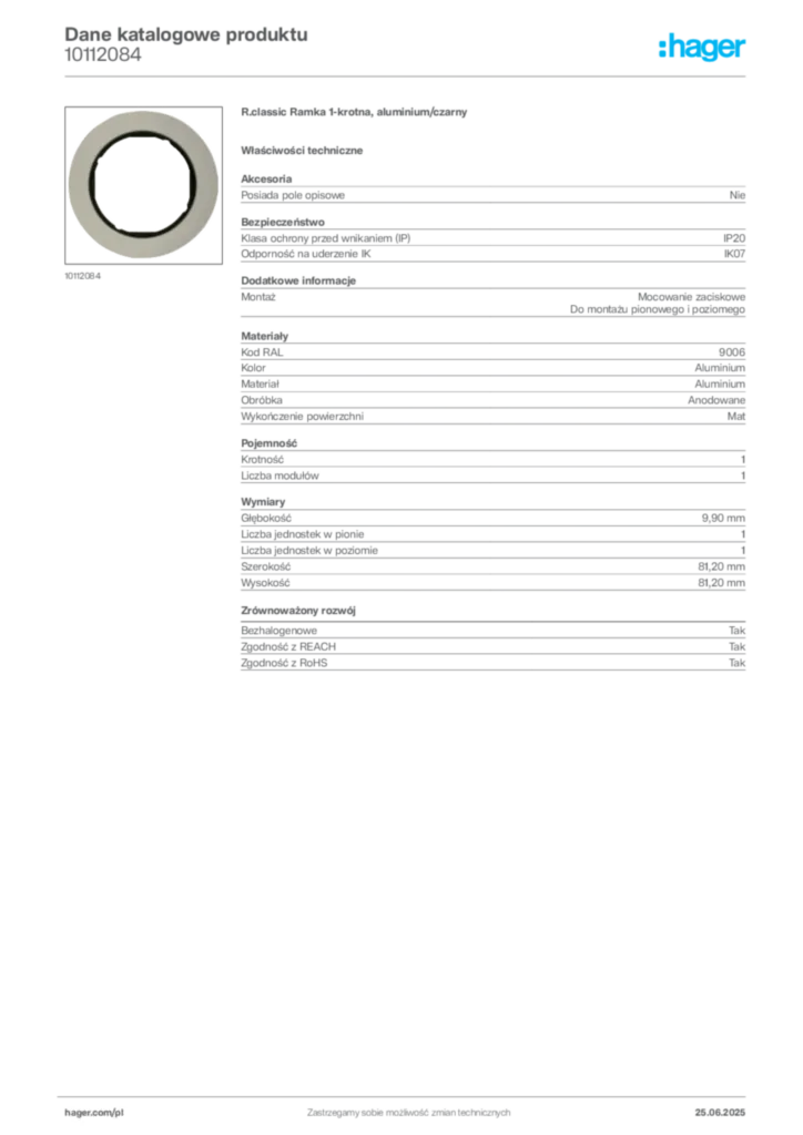 Zdjęcie Hager Karta katalogowa 10112084 | Hager Polska