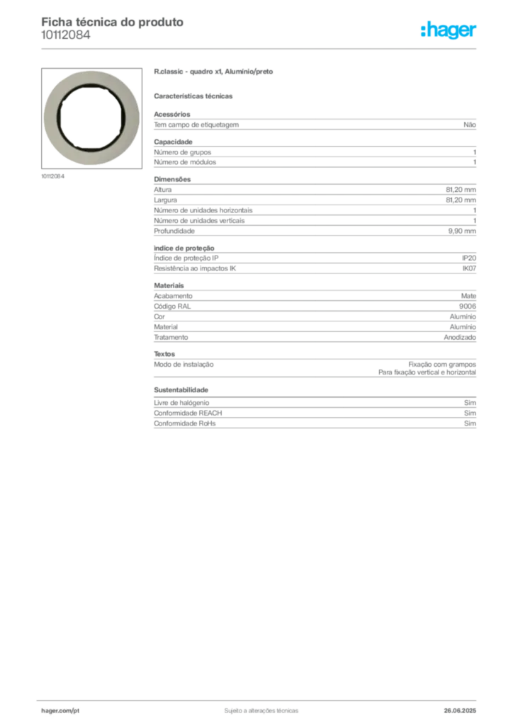 Imagem Hager Ficha técnica do produto 10112084 | Hager Portugal