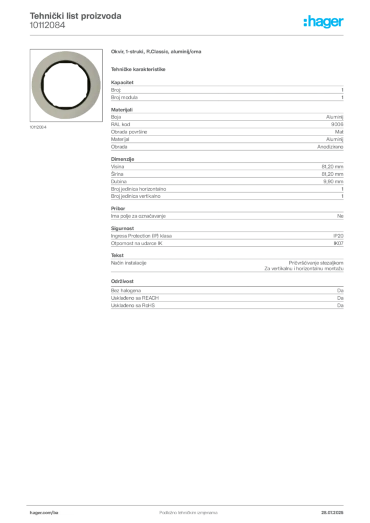 Slika Hager Product data sheet 10112084  | Hager