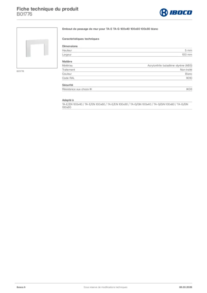 Image Iboco Fiche technique du produit B01776 | Hager France